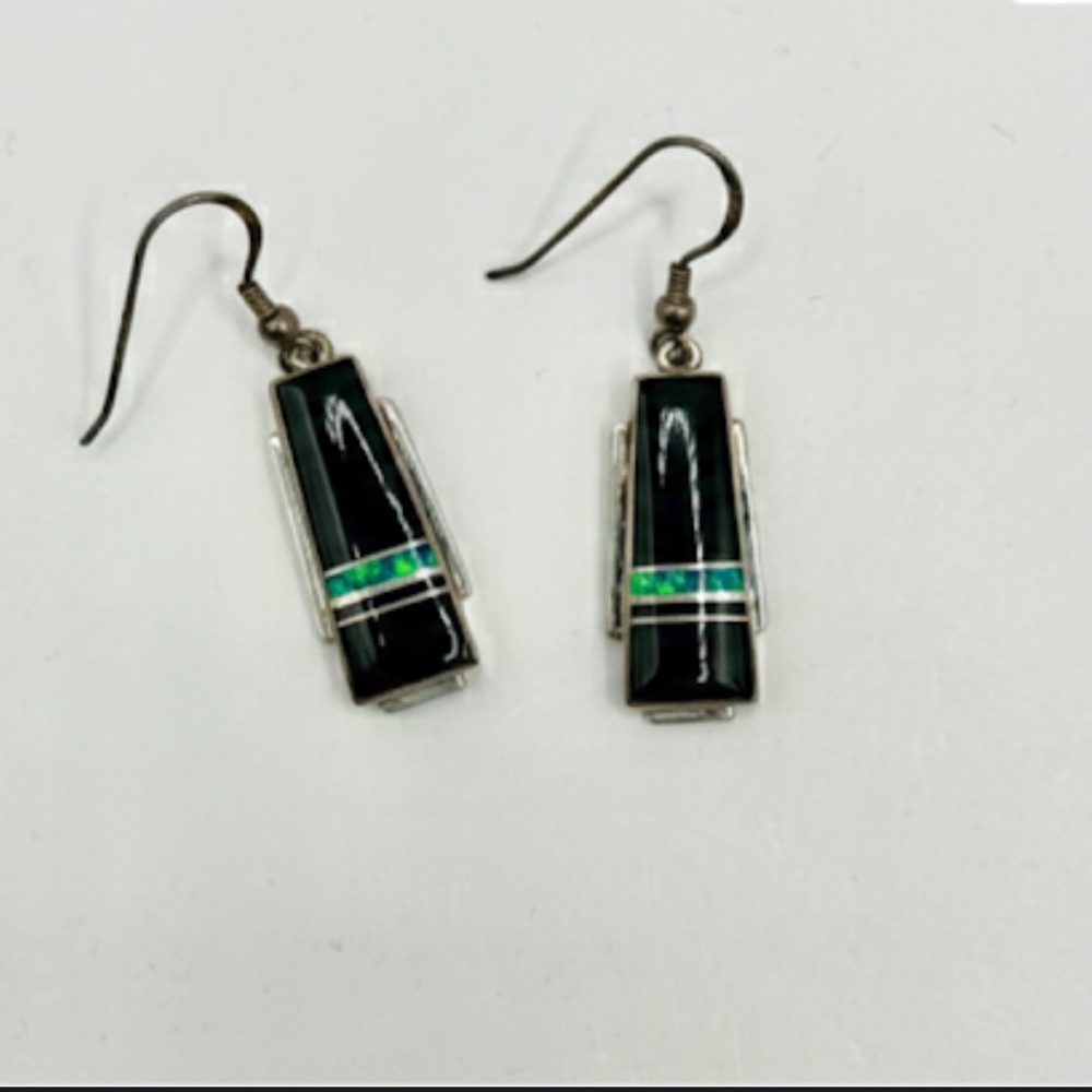 Navajo John Charley Signed Sterling Silver Onyx & Opal Inlay Dangle Earrings